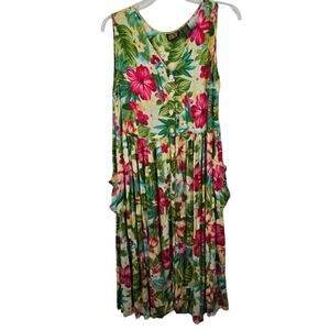 Vtg Bila Tropical Green Button Down Dress Midi Length Floral Colorful Beach S